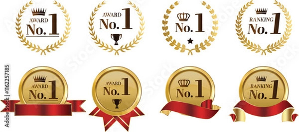 Fototapeta Number one and first place emblems with laurel and ribbon. best product vector label