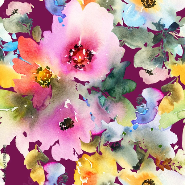 Fototapeta Seamless pattern with flowers watercolor