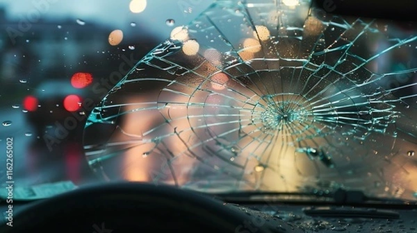 Fototapeta A cracked windshield viewed from inside a car, with blurred lights and raindrops.