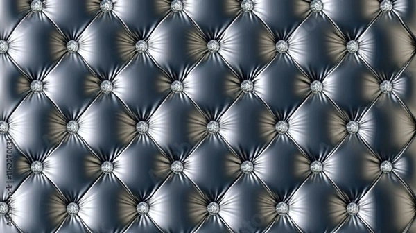 Fototapeta Close-up of luxurious gray tufted leather upholstery with shiny silver buttons.