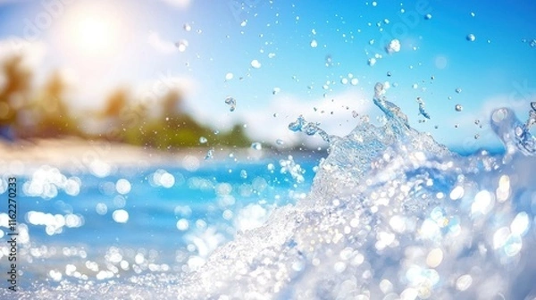 Fototapeta Close-up of ocean wave splashing, sunlit, bokeh background.