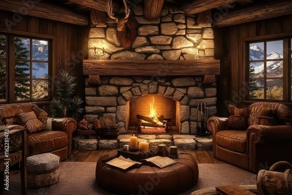 Fototapeta A rustic wild west living room featuring a charming fireplace.