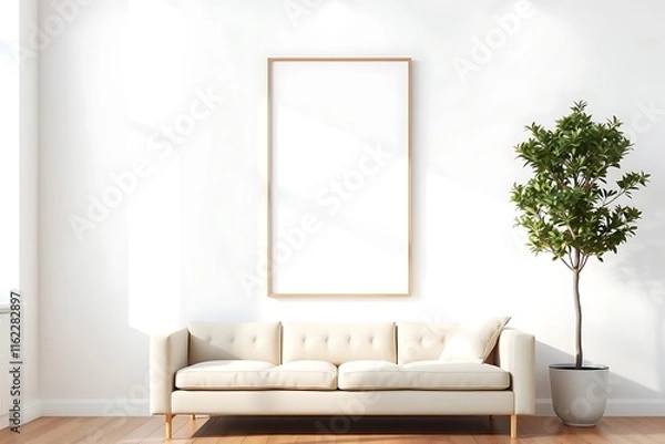 Fototapeta Modern Living Room Mockup: Elegant beige sofa, a tall potted plant, and a large vertical frame ready for your design or artwork. Perfect for showcasing your brand in a stylish and tranquil setting. 