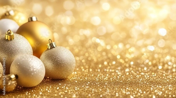 Fototapeta A collection of shimmering gold and white Christmas ornaments on a sparkling golden background, evoking a festive and elegant holiday atmosphere.