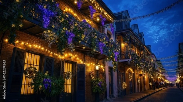 Fototapeta A vibrant street scene in the French Quarter during Mardi Gras, featuring festive decorations, warm lighting, and colorful beads adorning buildings
