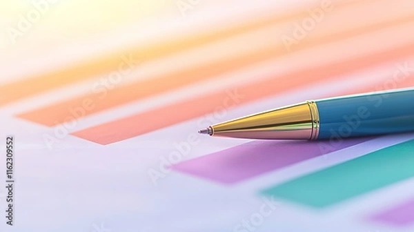 Fototapeta close-up of pen resting on printed financial chart with vibrant bar colors captured in bright natural light