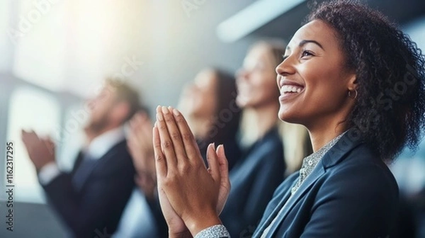 Fototapeta A group of people are smiling and clapping