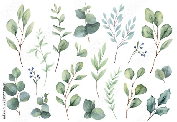 Fototapeta Watercolor vector set with green eucalyptus leaves and branches. Greenery clipart for wedding invitation, greeting cards, save the date, stationery design. Hand drawn illustration.
