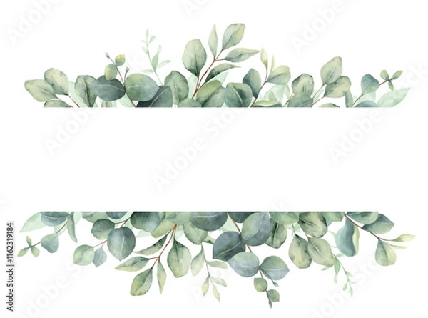 Fototapeta Watercolor vector banner with green eucalyptus leaves and branches. Greenery clipart for wedding invitation, greeting cards, save the date, stationery design. Hand drawn illustration.