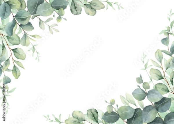 Fototapeta Watercolor vector frame corner border with green eucalyptus leaves and branches. Greenery clipart for wedding invitation, greeting cards, save the date, stationery design. Hand drawn illustration.