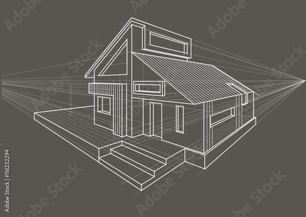 Fototapeta Linear architectural sketch detached house on gray background