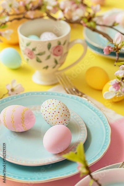 Fototapeta Easter table setting with pastel colored eggs, spring flowers and tableware