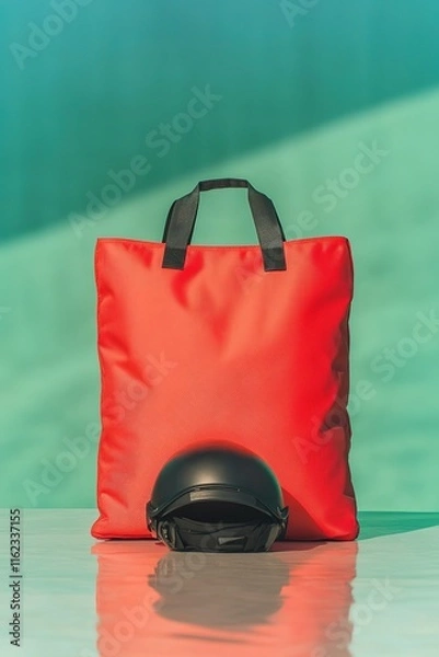 Fototapeta delivery bag and helmet placed on sleek surface with blurred motion in background symbolizing activity