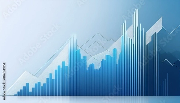 Obraz 上昇する棒グラフと折れ線グラフが交差するデザイン、青と白を基調とした背景
