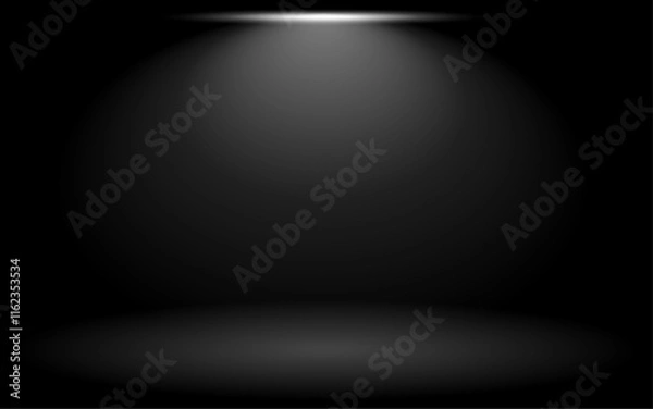 Fototapeta Black background with light spot. Stage lights shining from black background. Copy space. Vector illustration for banner, presentation template, wallpaper, text place and social media.