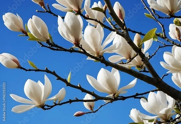 Obraz Close-up of white magnolia flowers blooming against a blue sky