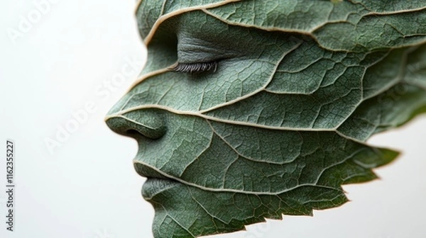 Obraz A surreal blend of human features and leaves, symbolizing nature and transformation.