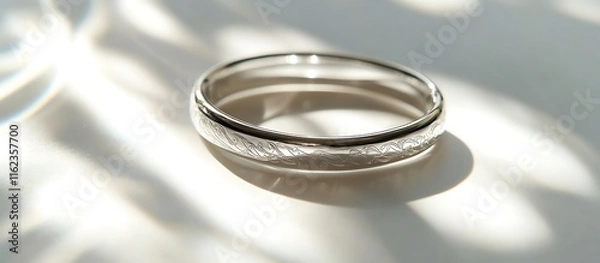 Fototapeta A silver bracelet with elegant engravings placed on a pristine white surface, reflecting bright light and soft shadows. contrast, white background, well-lit, sharp, realistic
