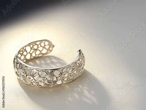 Fototapeta A silver bracelet with intricate details placed on a smooth white surface, illuminated by soft lighting and high clarity. contrast, white background, well-lit, sharp, realistic