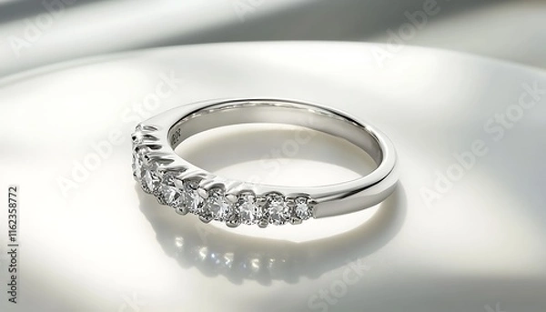 Obraz A silver ring adorned with diamonds placed on a clean white surface, casting bright reflections under soft lighting. contrast, white background, well-lit, sharp, realistic