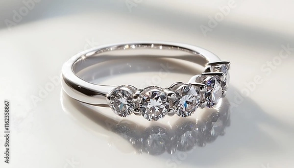 Obraz A silver ring adorned with diamonds placed on a clean white surface, casting bright reflections under soft lighting. contrast, white background, well-lit, sharp, realistic