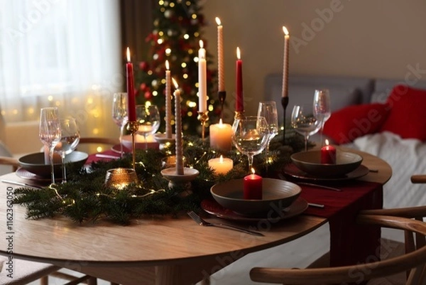 Fototapeta Festive table setting in room decorated for Christmas. Bokeh effect
