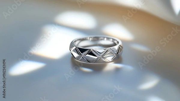 Obraz A silver ring with a geometric pattern placed on a smooth white surface, catching soft reflections under sharp lighting. contrast, white background, well-lit, sharp, realistic