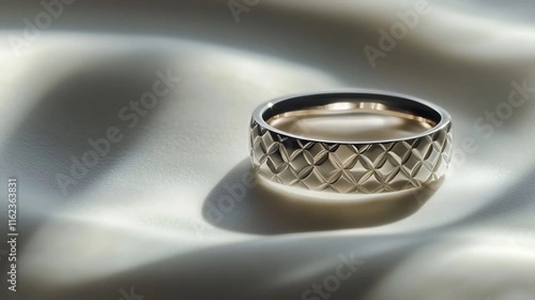 Obraz A silver ring with a geometric pattern placed on a smooth white surface, catching soft reflections under sharp lighting. contrast, white background, well-lit, sharp