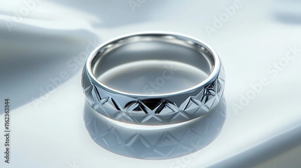 Obraz A silver ring with a geometric pattern placed on a smooth white surface, catching soft reflections under sharp lighting. contrast, white background, well-lit, sharp