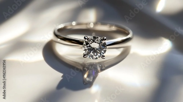 Obraz A silver ring with a sparkling gemstone displayed on a flawless white surface, casting vivid reflections and soft shadows. contrast, white background, well-lit, sharp, realistic