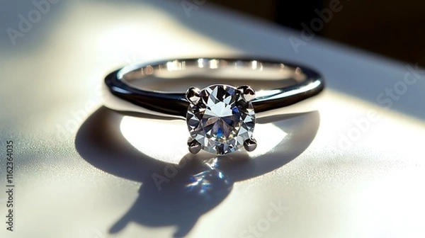 Obraz A silver ring with a sparkling gemstone displayed on a flawless white surface, casting vivid reflections and soft shadows. contrast, white background, well-lit, sharp, realistic