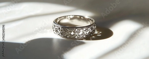 Obraz A silver ring with intricate patterns displayed on a pristine white surface, casting crisp shadows under vivid lighting. contrast, white background, well-lit, sharp