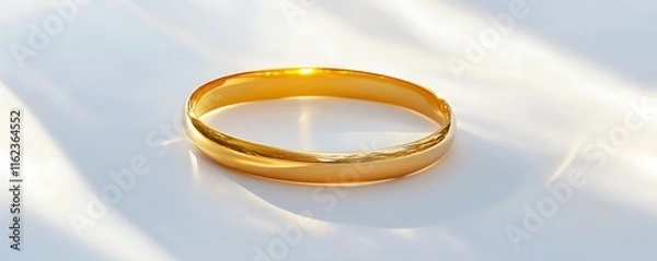 Obraz A simple gold bracelet placed on a smooth white background, reflecting bright light and showcasing crisp details. contrast, white background, well-lit, sharp, realistic