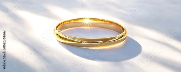 Obraz A simple gold bracelet placed on a smooth white background, reflecting bright light and showcasing crisp details. contrast, white background, well-lit, sharp, realistic