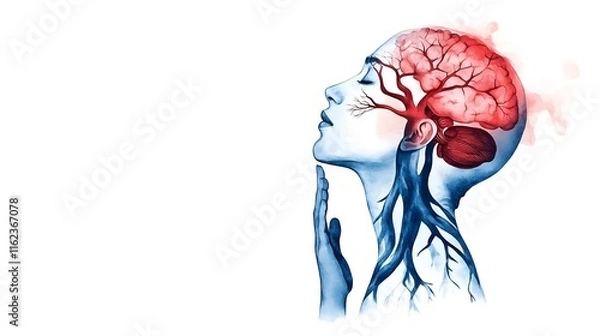 Fototapeta Artistic representation of human head with a detailed brain, neural pathways, and circulatory system, showcasing the connection between mind and body for educational purposes