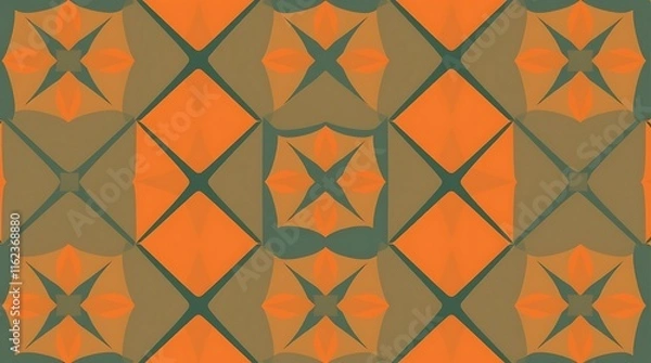 Fototapeta Vibrant Geometric Pattern:  Intricate orange and green design. Kaleidoscopic, symmetrical, repeating texture. Ideal for textile, fashion, and web design. 