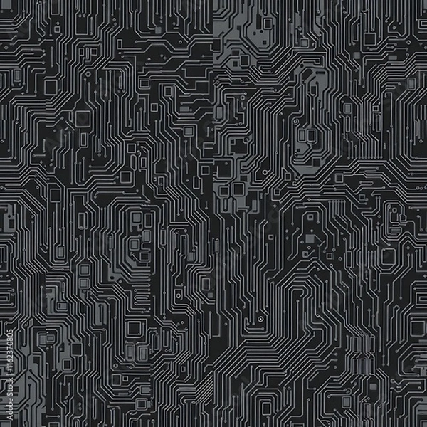 Obraz Abstract Circuitry:  A seamless pattern of interconnected circuit lines, reminiscent of a technological landscape, in a muted grey color palette.