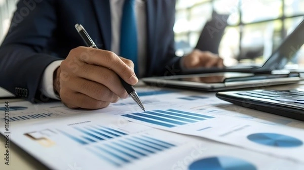 Fototapeta A businessman discussing private equity investments with colleagues in a modern office space, with financial reports on the table