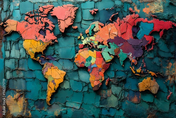 Obraz Artistic representation of a colorful world map made of textured fragments