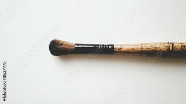 Fototapeta A single Japanese calligraphy brush resting horizontally on a clean white surface. The brush has a polished wooden handle and bristles with a slight taper.