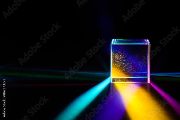 Obraz A glass dichroic prism disperse light into different colors on a black background