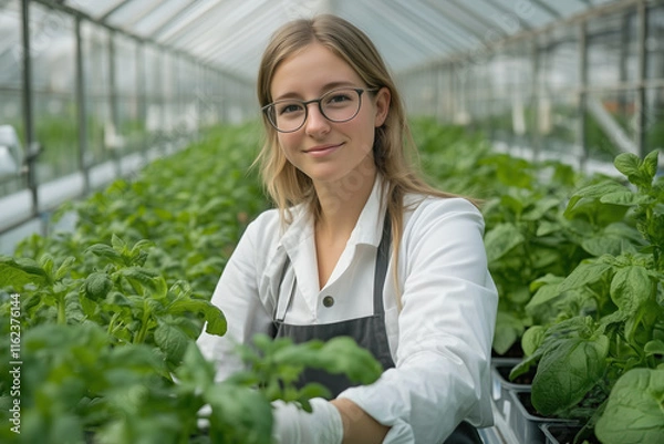 Obraz The concept of developing and growing organic vegetables. Female academics while working in a greenhouse, health trends and sustainable life.