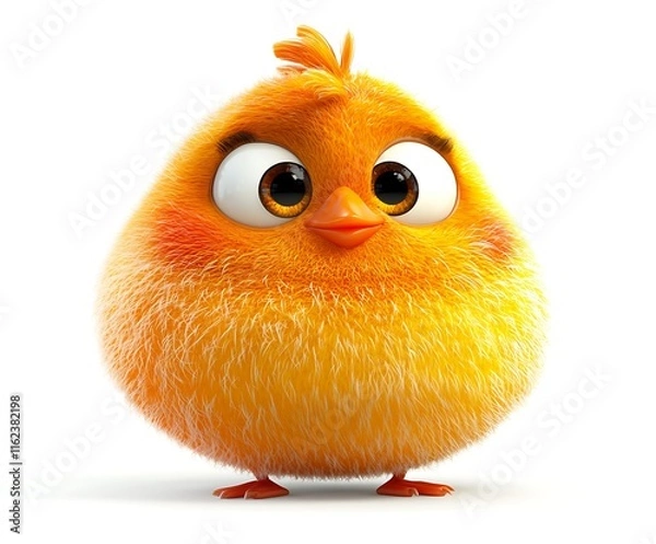 Obraz Adorable fluffy orange chick, cartoon style, 3D render, isolated on white background.