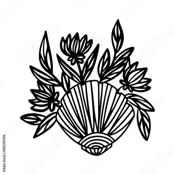 Fototapeta Artistic black vector shell with flowers peeking out, perfect for unique marine-inspired branding and creative designs