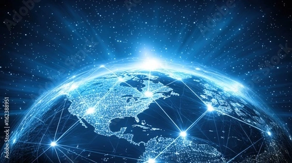 Fototapeta Vibrant Digital Connection Over Planet Earth with Stars and Light Rays in Background