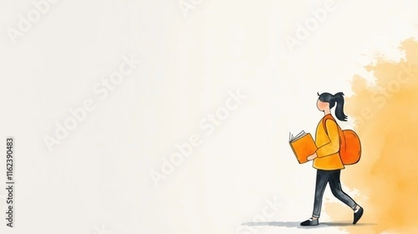 Fototapeta Girl Walking with Book Illustration in Minimalist Style with Watercolor Effect and Orange Tones on Textured Background