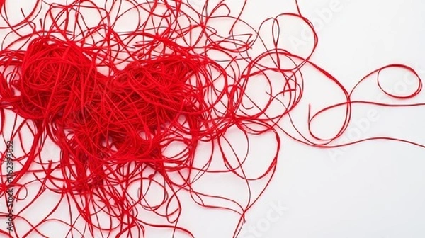 Obraz 23.A thin red thread in a messy, tangled heap on a pristine white background; the intricate loops and knots create an abstract, textured pattern that draws attention to detail.