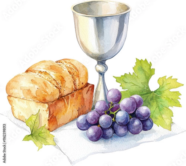 Obraz Easter religious clipart. Bread and wine with grapes on a napkin, symbolizing communion or a religious gathering.