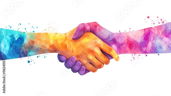 Fototapeta Colorful polygonal handshake representing agreement, partnership, or greeting, isolated on transparent background