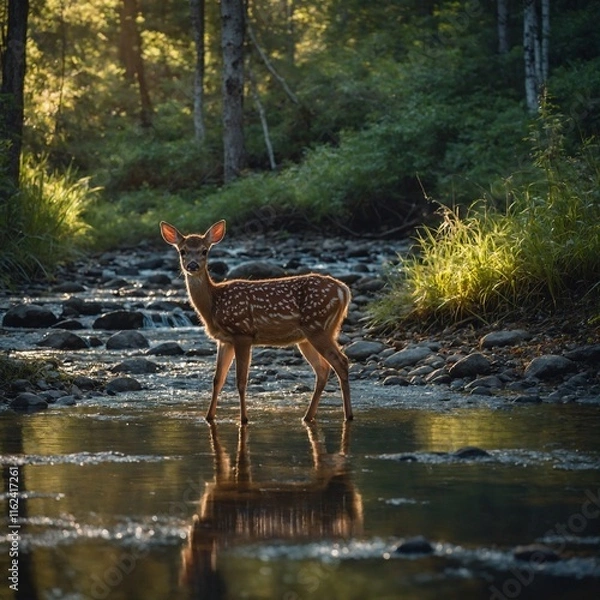 Fototapeta A fawn standing near a sparkling forest stream with soft morning light.